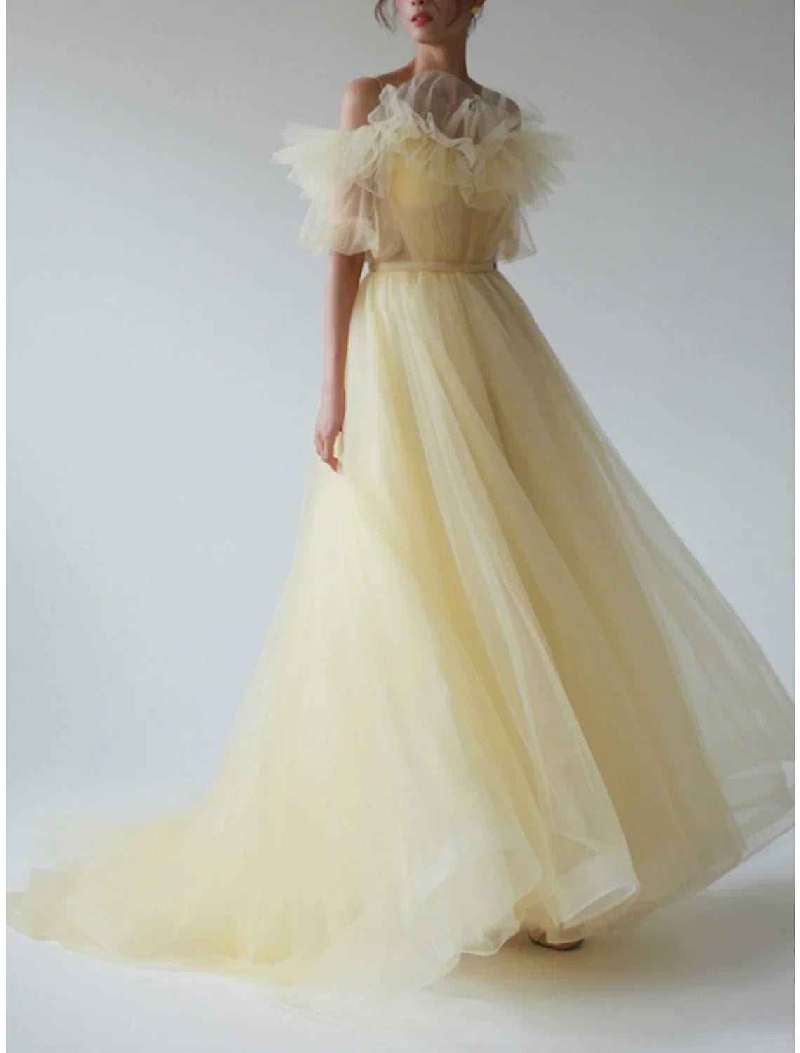 A-Line Evening Gown Elegant Dress Formal Sweep / Brush Train Short Sleeve V Neck Chiffon with Pleats Ruffles Cowl Neckline Elegant A-Line Evening Gown Elegant Dress Formal Sweep / Brush Train Short Sleeve V Neck Chiffon with Pleats Ruffles Cowl Neckline Elegant