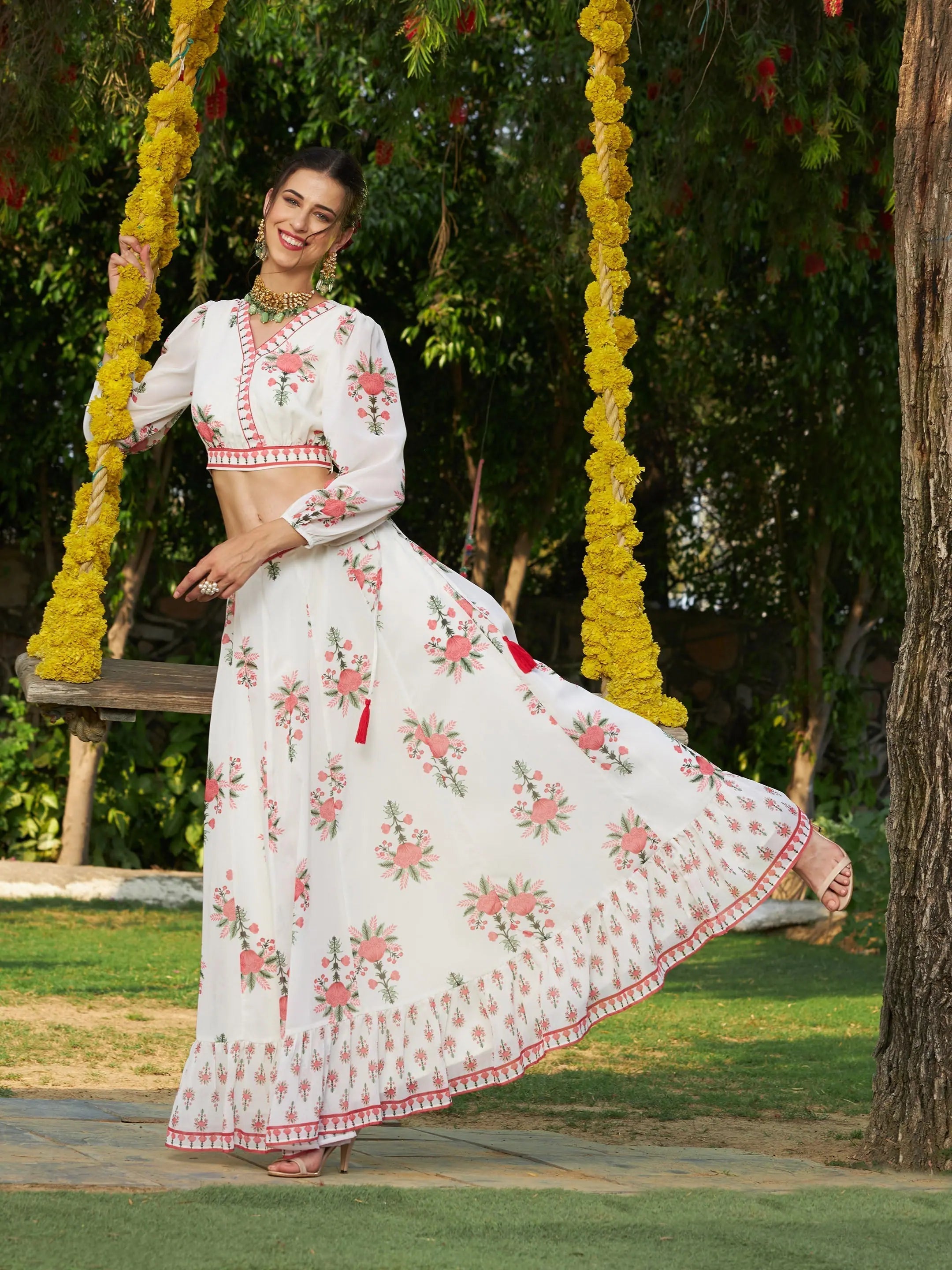 Women Off White Floral Puff Sleeves Crop Top With Skirt Asymmetrical Pockets Print