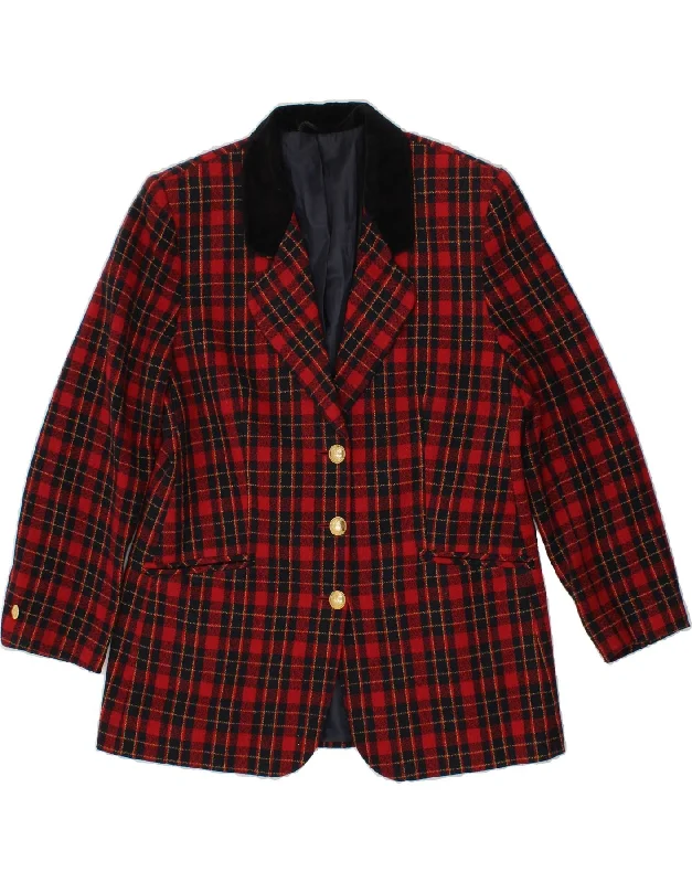 VINTAGE Womens 3 Button Blazer Jacket UK 14 Large Red Check Polyester Chenille Jacket Brocade Jacket Lace Jacket