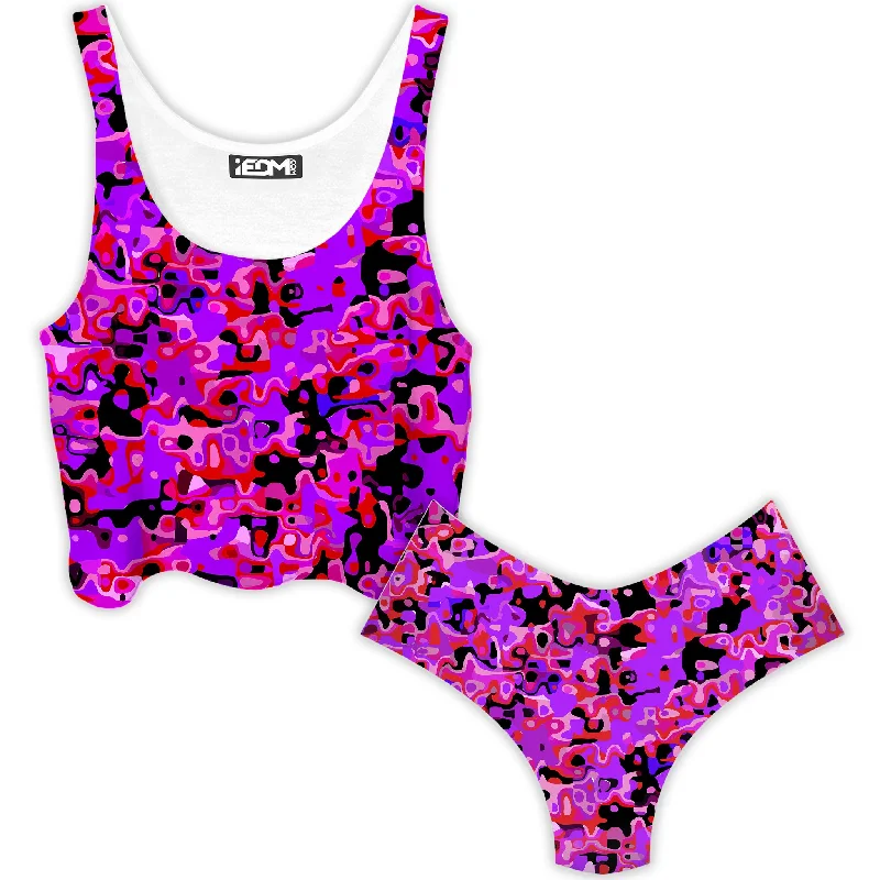 Purple Red and Black Rave Camo Melt Crop Top and Booty Shorts Combo Plaid Crop Top Polka Dot Checkered