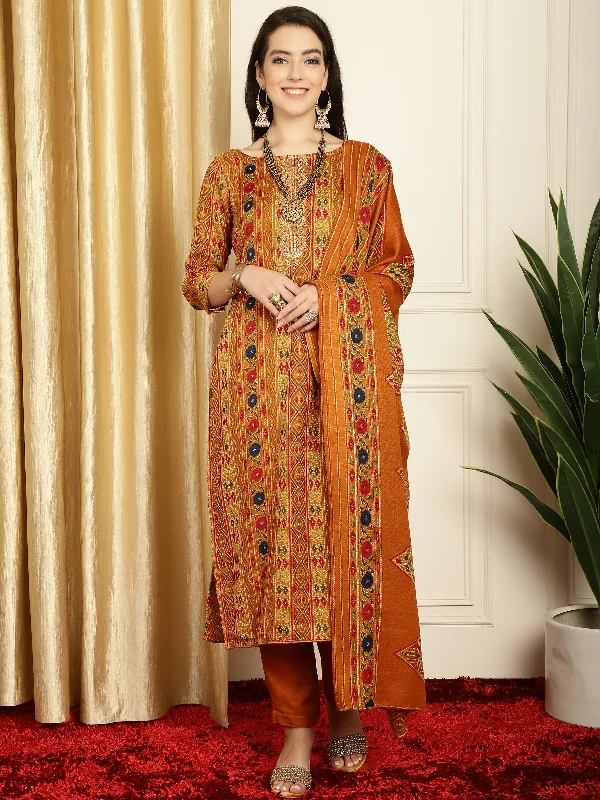 Women's Mustard Pashmina Floral Digital Printed Kurta With Trouser & Dupatta - Jyoti Fashion Trousers Bestseller Popular