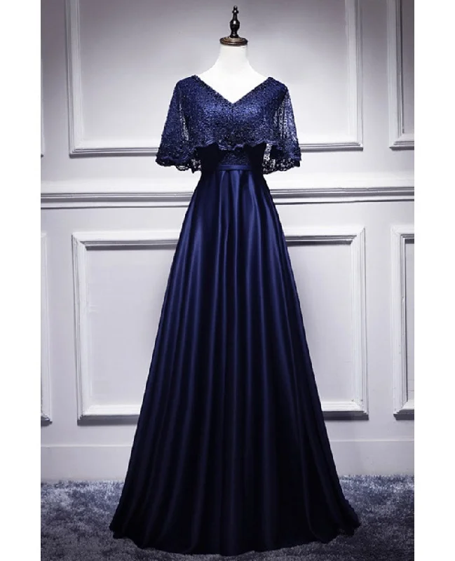 Elegant navy blue short sleeved beaded cape with satin lace navy blue V-neck backless and ground length evening dress Boat Neckline Classic Elegant navy blue short sleeved beaded cape with satin lace navy blue V-neck backless and ground length evening dress Boat Neckline Classic