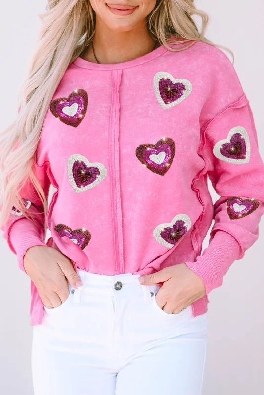 Rose Sequin Heart Shaped Exposed Seam Pullover Sweatshirt Hoodie with Button Placket Classic Preppy