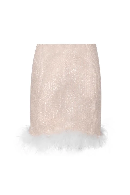 NUDE SEQUINED MINI SKIRT WITH FEATHERS asymmetrical skirt cut