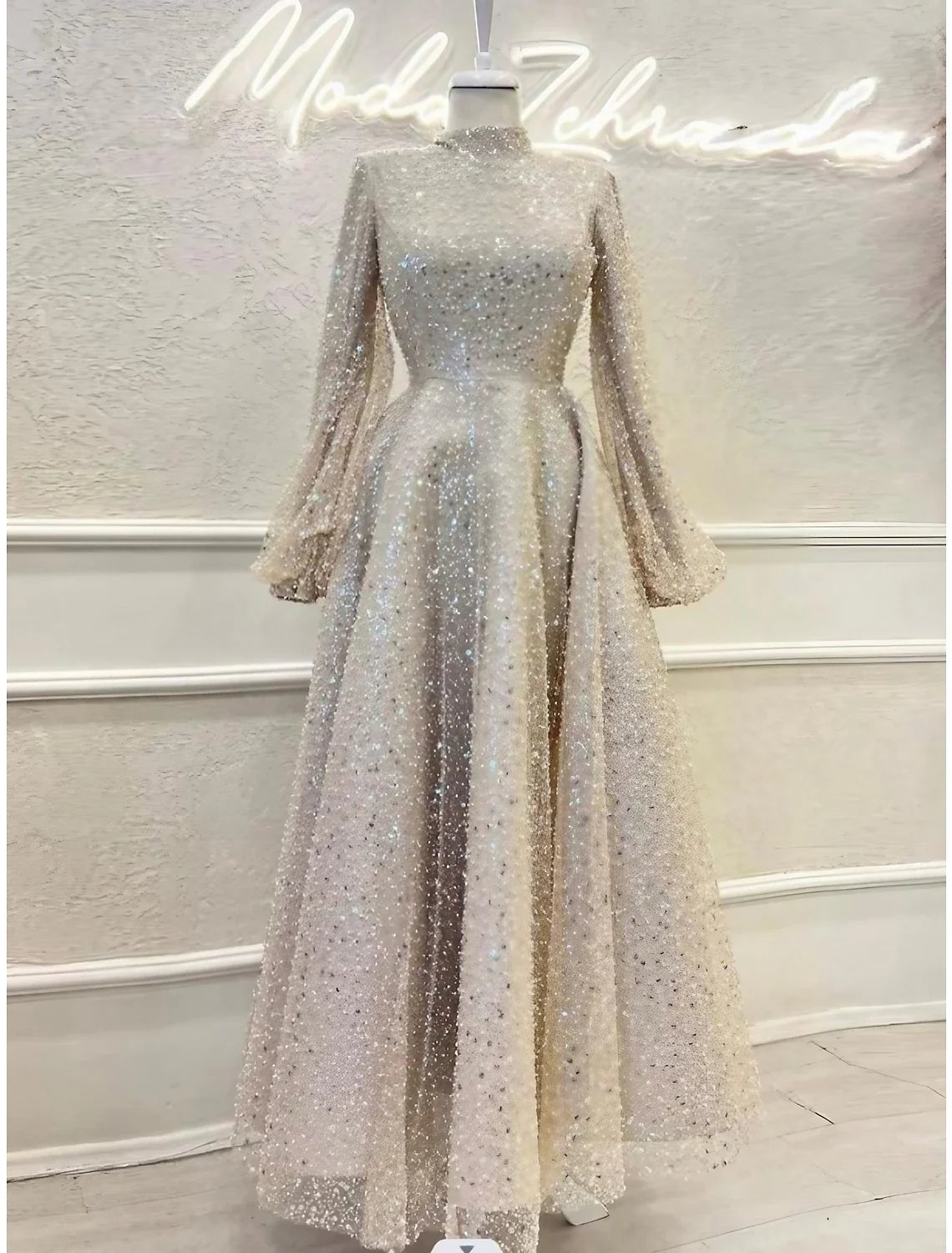 A-Line Evening Gown Elegant Dress Formal Ankle Length Long Sleeve High Neck Sequined with Glitter Pleats Tunics Running lightweight A-Line Evening Gown Elegant Dress Formal Ankle Length Long Sleeve High Neck Sequined with Glitter Pleats Tunics Running lightweight