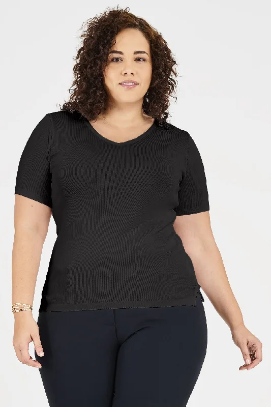 Ladies' V-Neck Shell Sweater - Black Chenille Brocade Lace