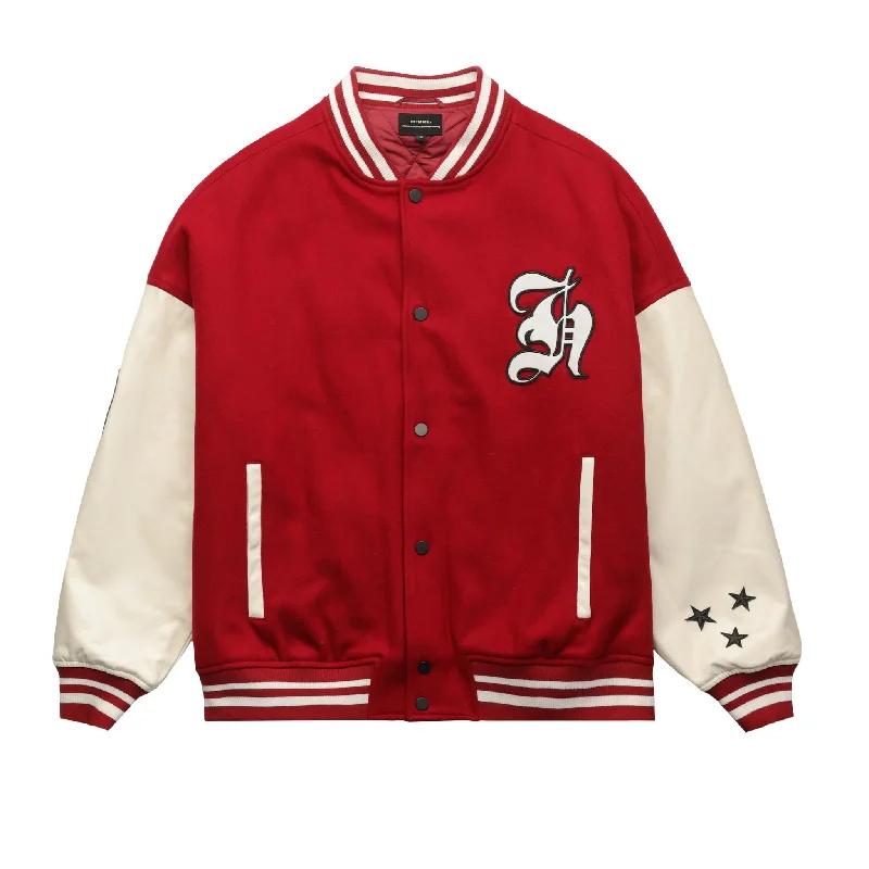 HOMME+ Wool Varsity Jacket Burgundy/White Oversized Jacket Tailored Jacket Straight Jacket