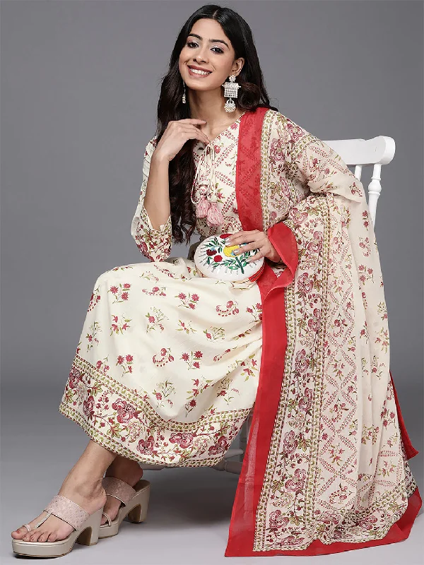 Women's Off White Printed A-Line Kurta Trousers With Dupatta Set - Indo Era Trousers practical easy-care