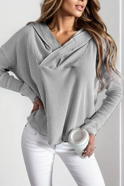 Lauren Waffle-Knit Dropped Shoulder Hoodie Hoodie with Hem Lace Feminine Delicate