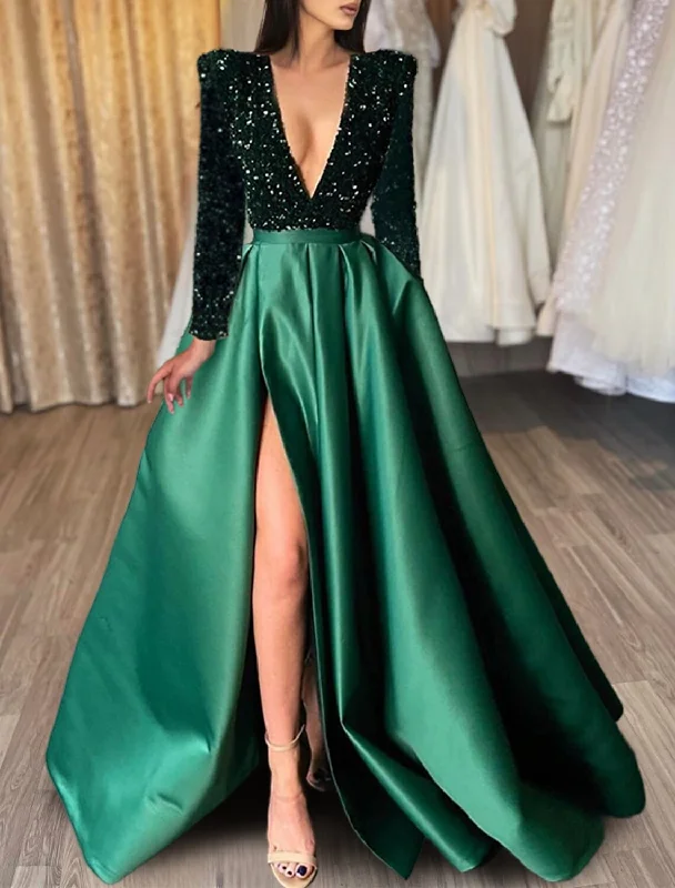 A-Line Evening Gown Red Green Dress Formal Black Dress Plus Size Wedding Court Train Half Sleeve V Neck Satin with Sequin Slit Boat Neckline Classic A-Line Evening Gown Red Green Dress Formal Black Dress Plus Size Wedding Court Train Half Sleeve V Neck Satin with Sequin Slit Boat Neckline Classic