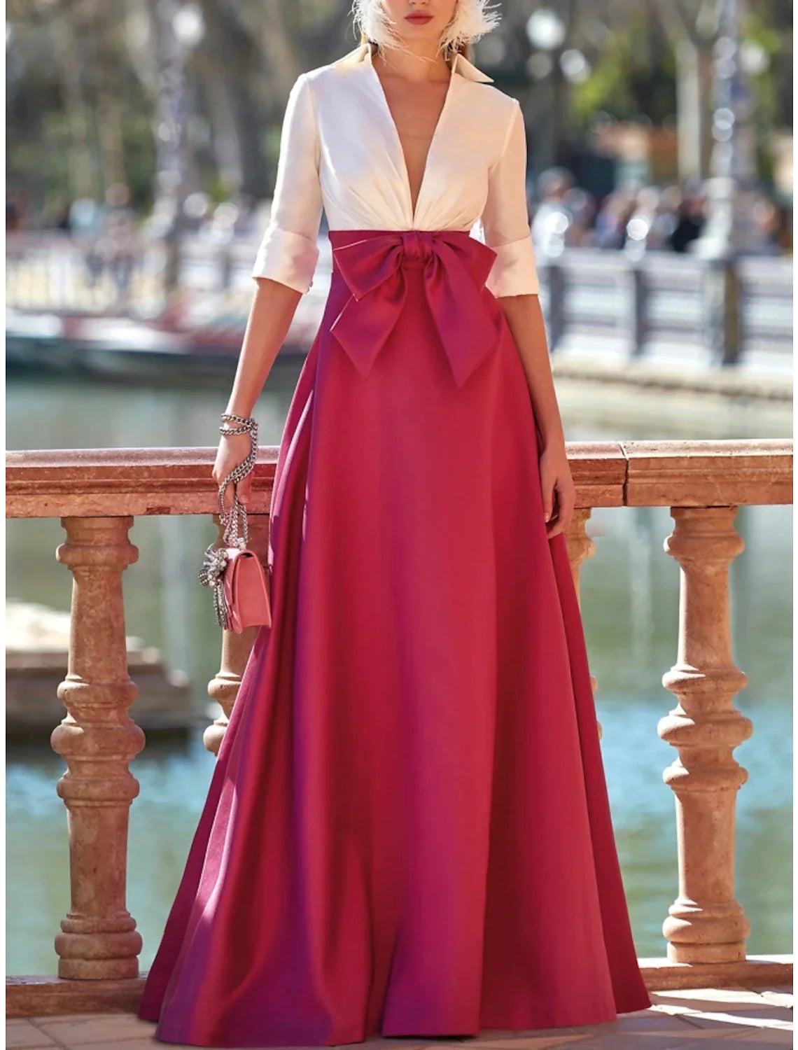 A-Line Evening Gown Elegant Dress Formal Floor Length Half Sleeve V Neck Satin with Bow(s) Pleats Tunics New arrival A-Line Evening Gown Elegant Dress Formal Floor Length Half Sleeve V Neck Satin with Bow(s) Pleats Tunics New arrival