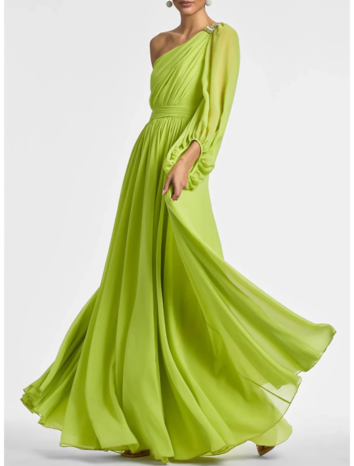 A-Line Evening Gown Elegant Dress Formal Wedding Party Floor Length Long Sleeve One Shoulder Fall Wedding Guest Chiffon with Ruched Tunics Gym athletic