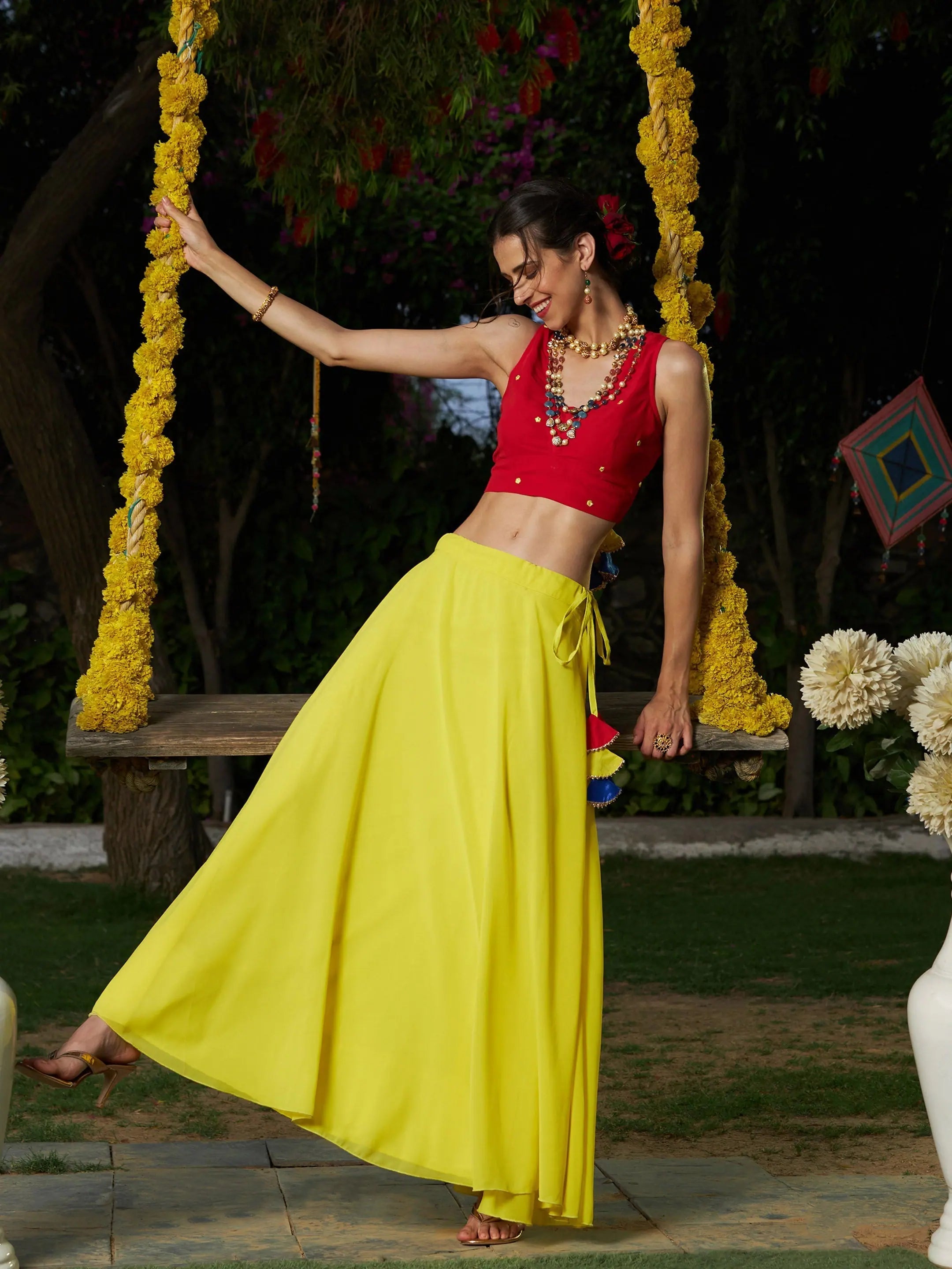 Women Red Embroidered Crop Top With Yellow Flared Skirt Solid Color Striped Floral