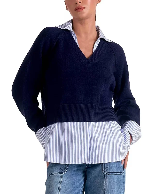Stevie Layered Sweater/striped Shirt Combo In Navy Tailored Straight A-Line