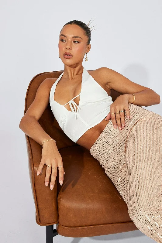 White Crop Top Halter Chenille Blend Fleece Blend Nylon Blend