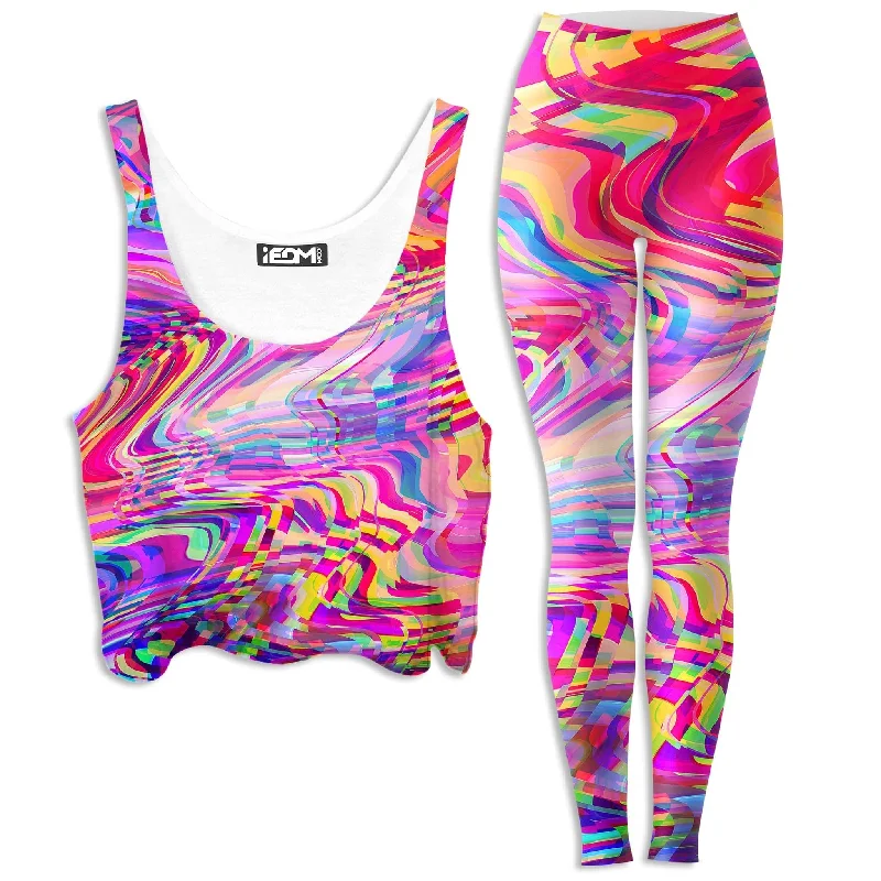 Glitch Waves Crop Top and Leggings Combo Fleece Fabric Down Fabric Feather Fabric