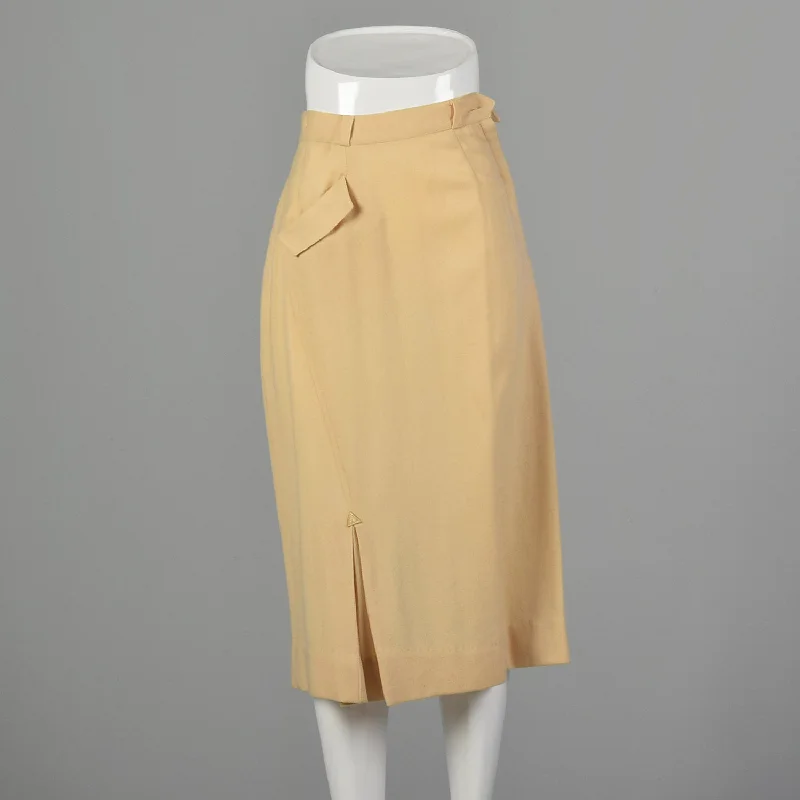 XXS 1950s Cream  Wool Pencil Skirt belted skirt waist