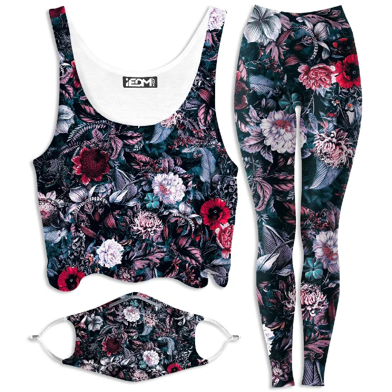 Blue Garden Crop Top and Leggings with PM 2.5 Face Mask Combo Nylon Fabric Polyester Fabric Spandex Fabric