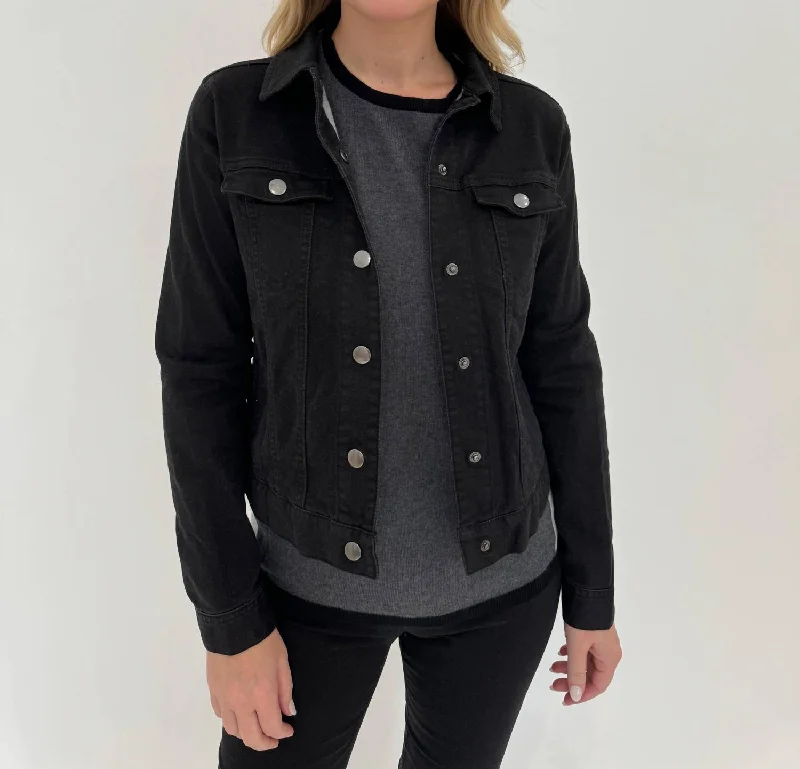 Denim Long Sleeve Jean Jacket In Black Ribbed Jacket Pleated Jacket Ruffled Jacket