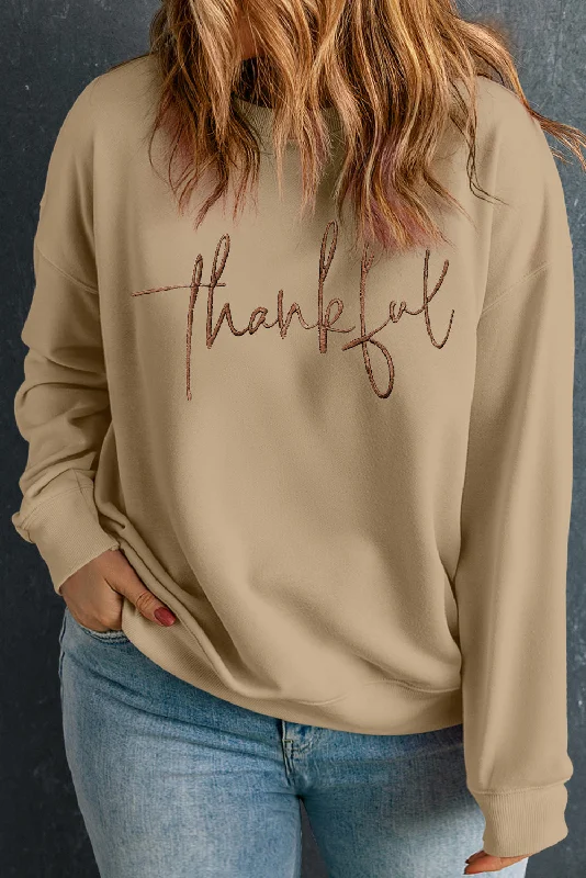Apricot thankful Embroidered Crew Neck Plus Size Sweatshirt Hoodie with Cuffed Sleeves Snug Secure