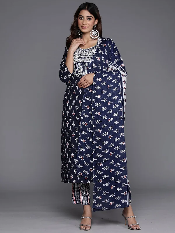 Women's Navy Blue Printed Straight Kurta Trousers With Dupatta Set - Indo Era Trousers Leisure Comfortable