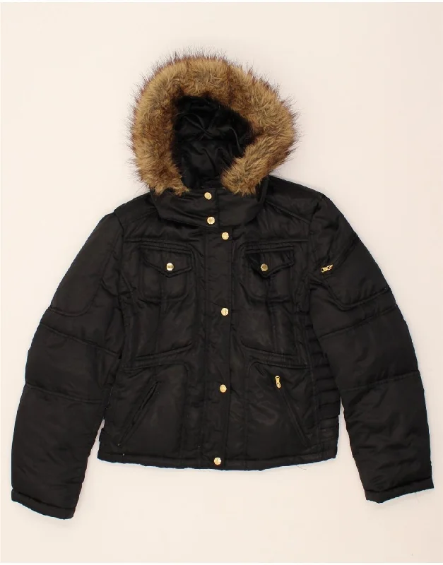 GUESS Womens Hooded Padded Jacket UK 16 Large Black Nylon Zip Front Button Front Snap Front