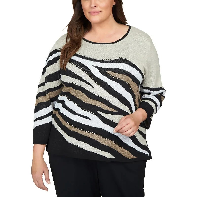 Plus Womens Embellished Printed Crewneck Sweater Chenille Brocade Lace