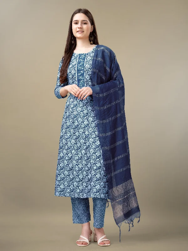 Women's Light Blue Rayon Embroidery & Sequence Work Kurta With Trouser & Dupatta - Jyoti Fashion Trousers Tapered Slim Fit