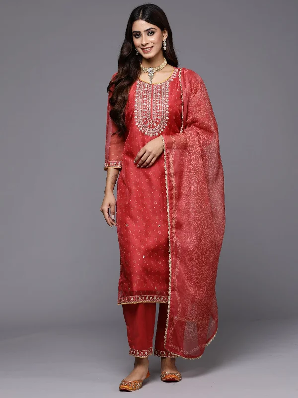 Women's Red Embroidered Straight Kurta Trousers With Dupatta Set - Indo Era Trousers Plaid Checkered