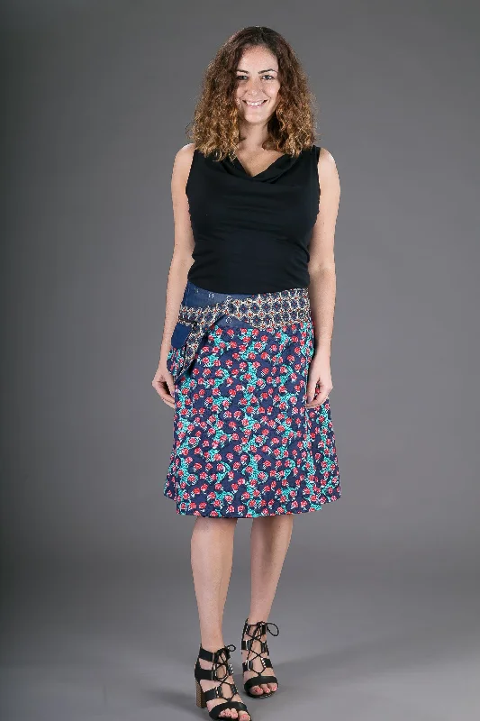 Reversible Cotton Denim Skirt Red Blue Print with Pocket asymmetrical skirt cut