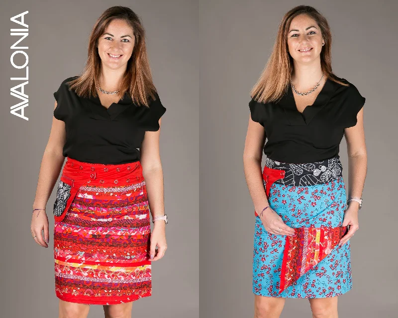 Reversible Cotton Skirt Red Patch Blue Print with Pocket boho skirt vibe