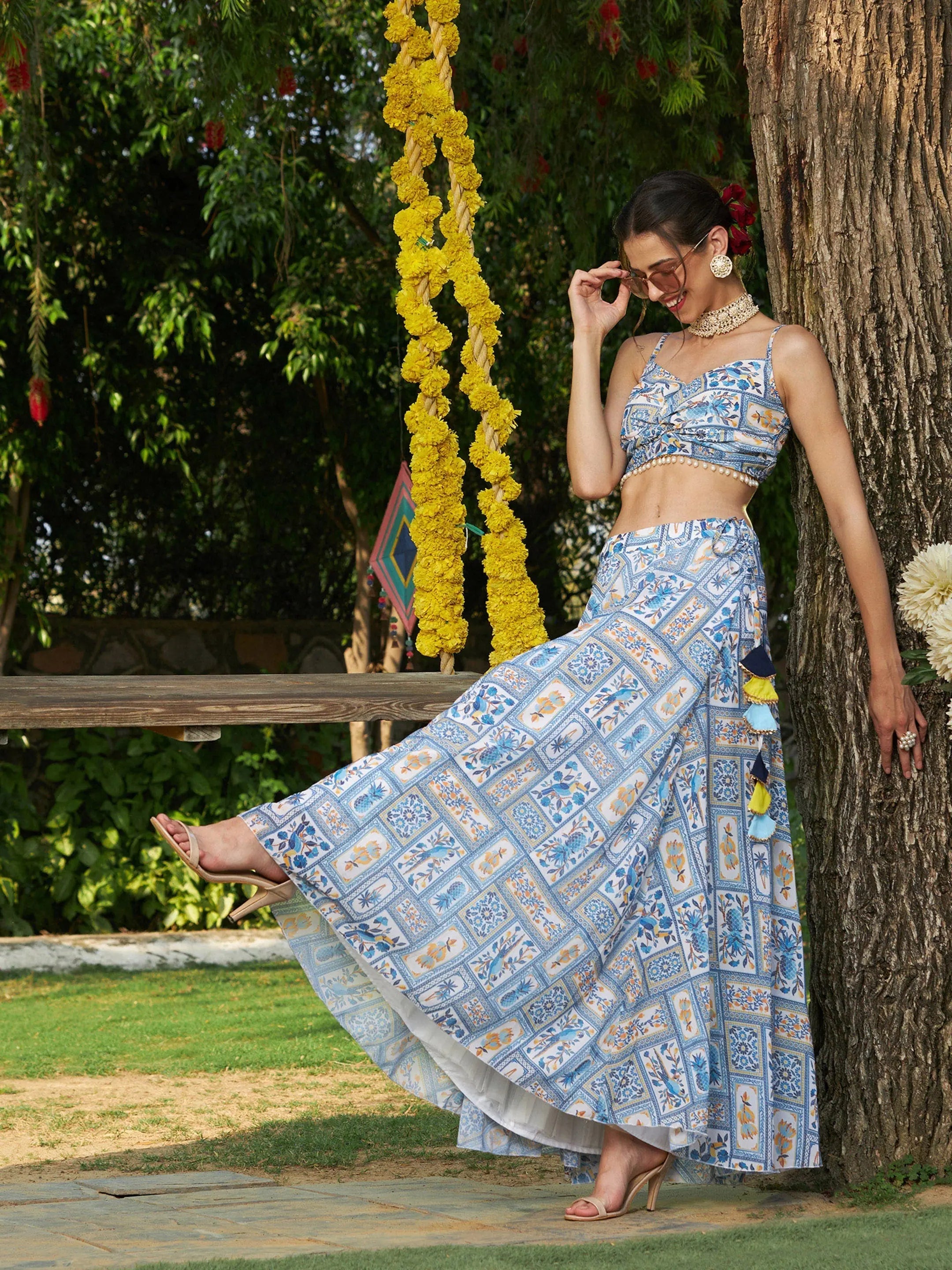 Women Blue Floral Strappy Crop Top With Bias Flared Skirt Plaid Crop Top Polka Dot Checkered