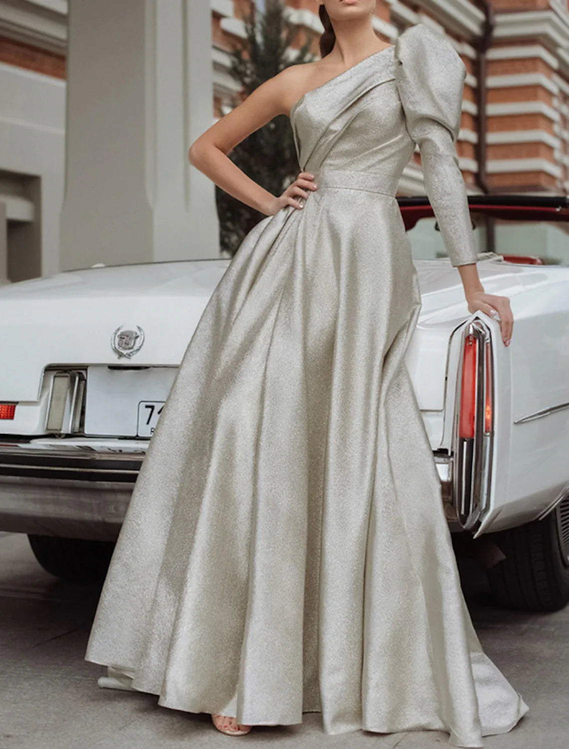 A-Line Evening Gown Elegant Dress Formal Wedding Guest Floor Length Long Sleeve One Shoulder Sequined with Pleats Tunics Luxurious high-end A-Line Evening Gown Elegant Dress Formal Wedding Guest Floor Length Long Sleeve One Shoulder Sequined with Pleats Tunics Luxurious high-end
