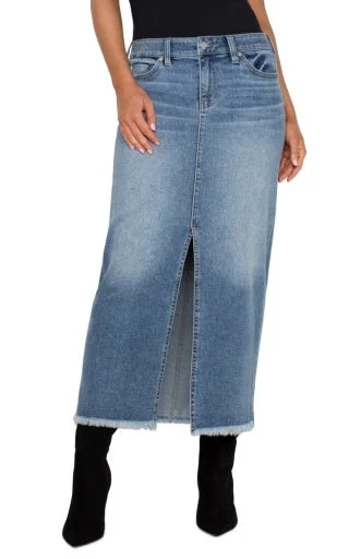 5-Pkt Front Slit Maxi Skirt W/ Fray Hem 34.5ins denim skirt classic