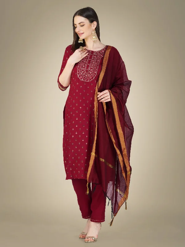 Women's Maroon Cotton Magic Slub Embroidery & Sequence Work Kurta With Trouser & Dupatta - Jyoti Fashion Trousers Polka Dot Cute