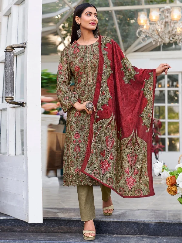 Women's Green Velvet Digital Print With Resham Thread Work Kurta With Trouser & Dupatta - Jyoti Fashion Trousers Winter Warm