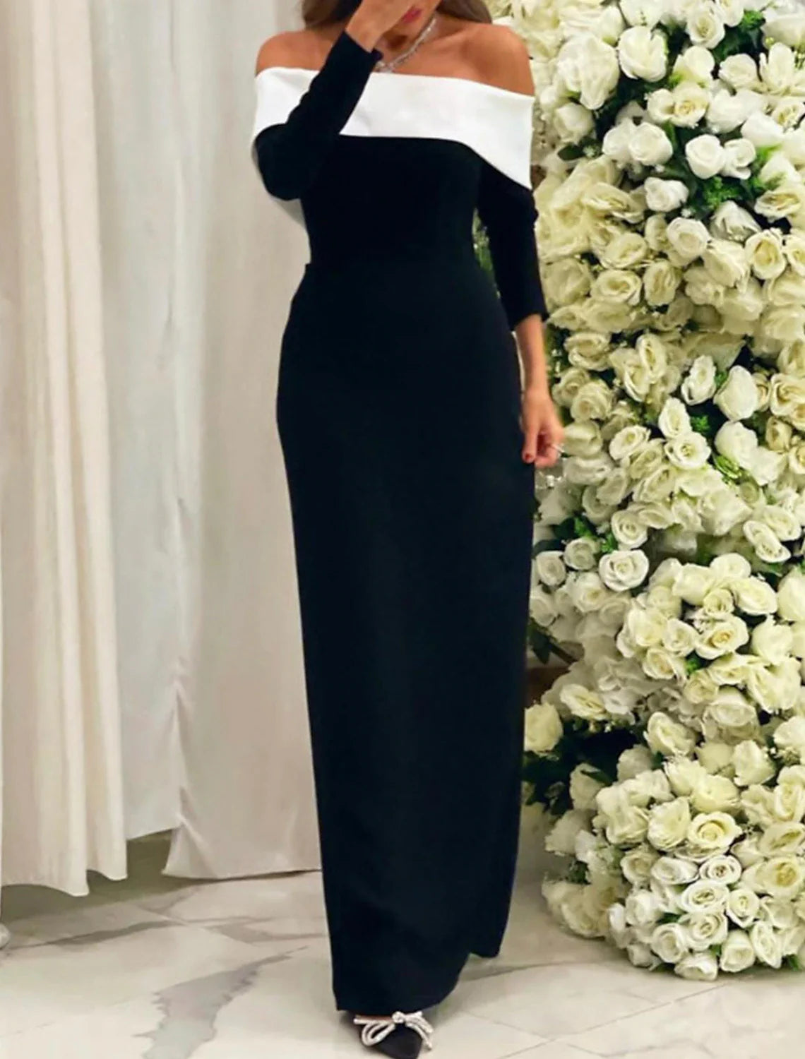 Sheath Black Dress Plus Size Evening Gown Color Block Dress Formal Wedding Guest Floor Length Long Sleeve Off Shoulder Stretch Fabric with Slit Tunics Solid Classic Sheath Black Dress Plus Size Evening Gown Color Block Dress Formal Wedding Guest Floor Length Long Sleeve Off Shoulder Stretch Fabric with Slit Tunics Solid Classic