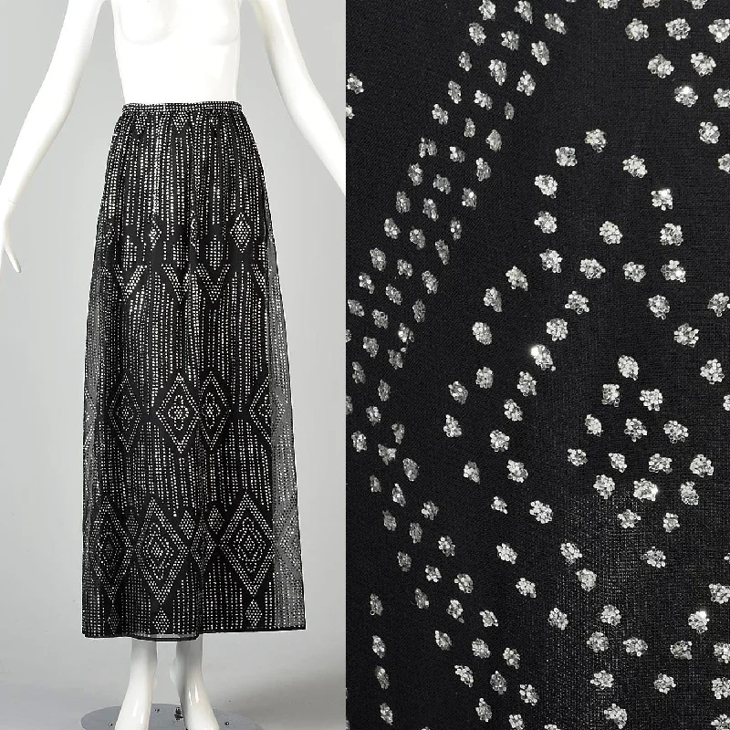 XS 1970s Black Maxi Skirt with Silver Glitter lace skirt romantic