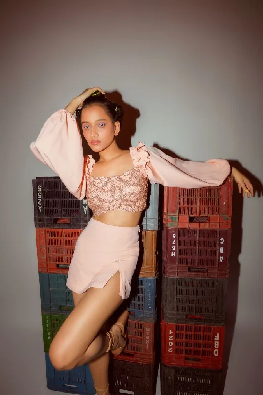 Peach Hand Embroidered Crop Top with Ruffle Detailing Front Pockets Side Pockets Patch Pockets