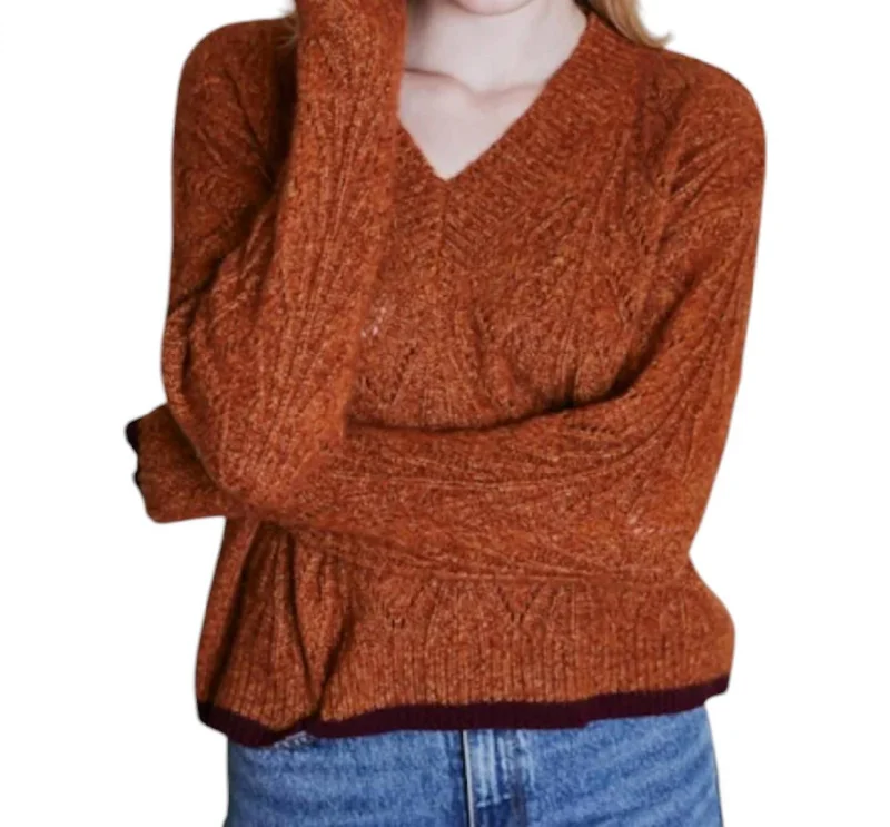 Boxy Shell Stitch Tipped V-Neck Sweater In Rust Sequined Glittery Shiny