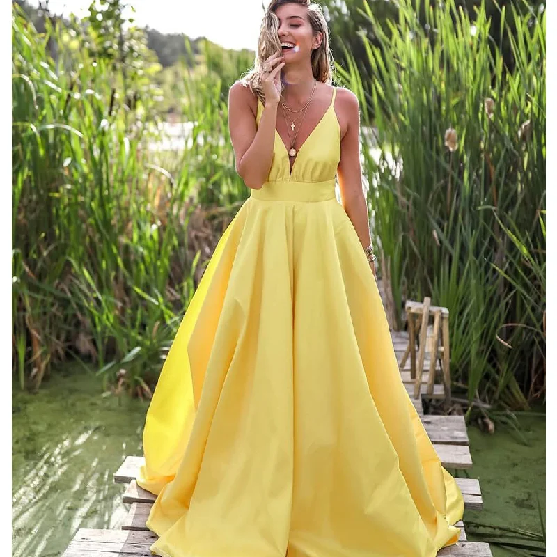 Yellow Spaghetti Straps A-line Deep V-neck Backless Satin Long Prom Dresses, FC2299 Tunics Fleece cozy