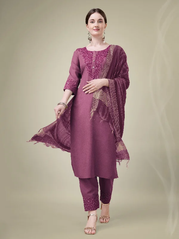 Women's Onion Cotton Blend Embroidery & Sequence Work Kurta With Trouser & Dupatta - Jyoti Fashion Trousers Office Stylish