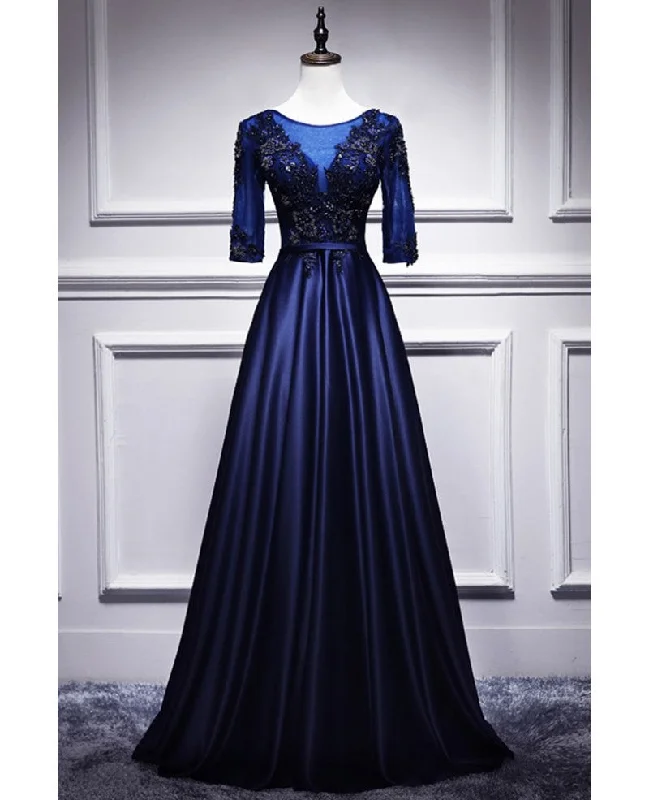 Elegant and noble blue short sleeved lace decal ball dress with blue V-neck satin and beaded back zipper and floor length evening dress empire Waist empire Elegant and noble blue short sleeved lace decal ball dress with blue V-neck satin and beaded back zipper and floor length evening dress empire Waist empire