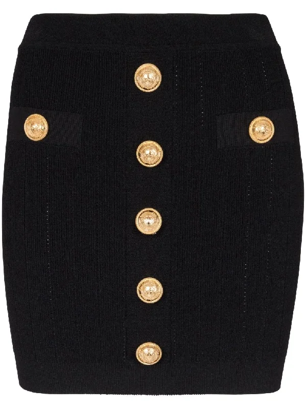 Balmain Women Hw Buttoned Knit Short Skirt Black linen skirt natural