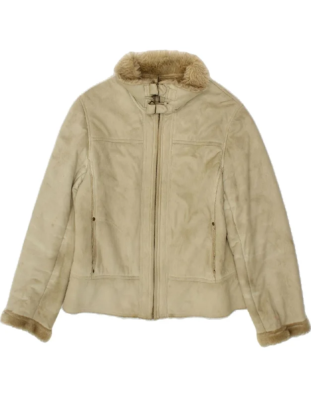 VINTAGE Womens Sherpa Jacket UK 14 Large Beige Polyester Elasticated Jacket Padded Jacket Insulated Jacket