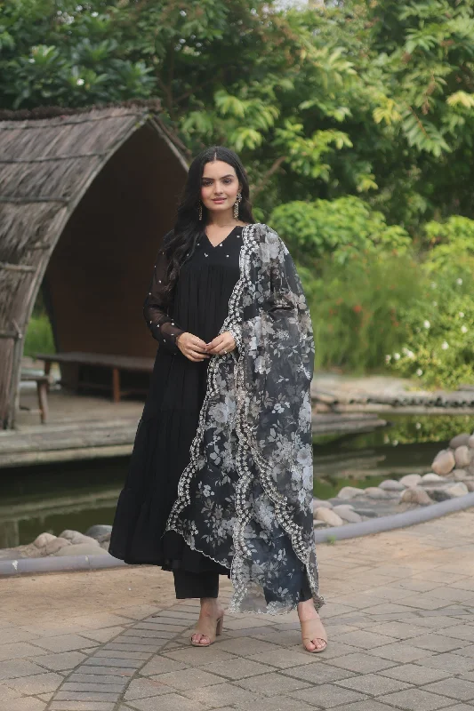 Women's Black Faux Blooming Butti Work Kurta With Trouser & Dupatta - Jyoti Fashion Trousers Bestseller Popular