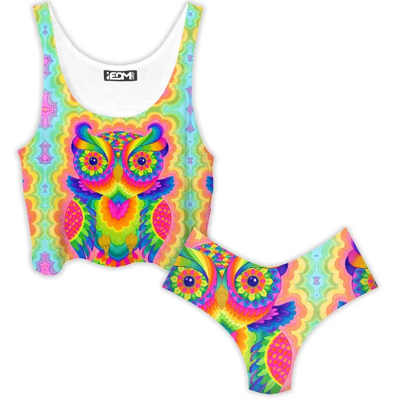 Cosmic Owl Crop Top and Booty Shorts Combo Notch Collar Peter Pan Collar Cowl Neck