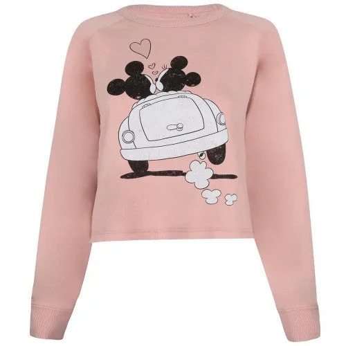 Disney Womens/Ladies Mickey & Minnie Mouse Hearts Crop Sweatshirt Cotton Hoodie Fleece Lining Warmth