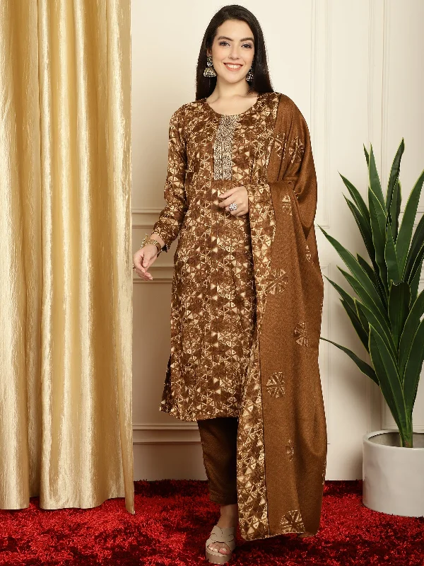 Women's Brown Pashmina Floral Digital Printed Kurta With Trouser & Dupatta - Jyoti Fashion Trousers Exclusive Limited