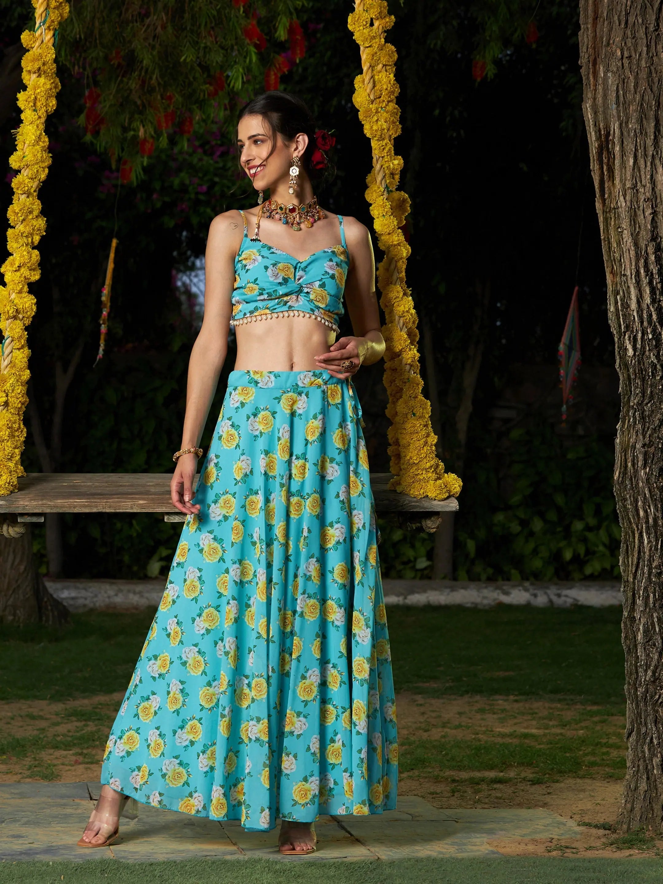 Women Green Floral Strappy Crop Top With Bias Flared Skirt Layered Multi-layer Single Layer